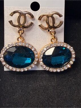 Gold-Tone Blue Crystal Drop Earrings with Logo Accent